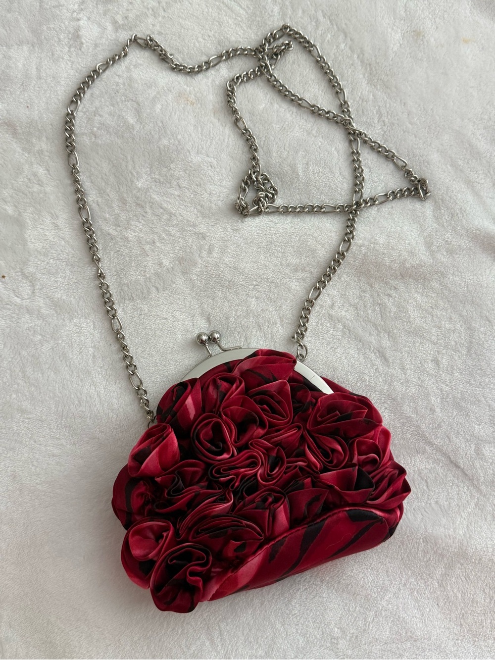 White House Black Market Red Satin Rosette Chain Clutch